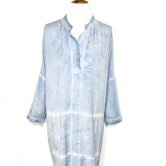 Anthropologie Blue Tie Dye 3/4 Sleeve High-Low Chambray Tunic Shirtdress - Picture 7 of 10